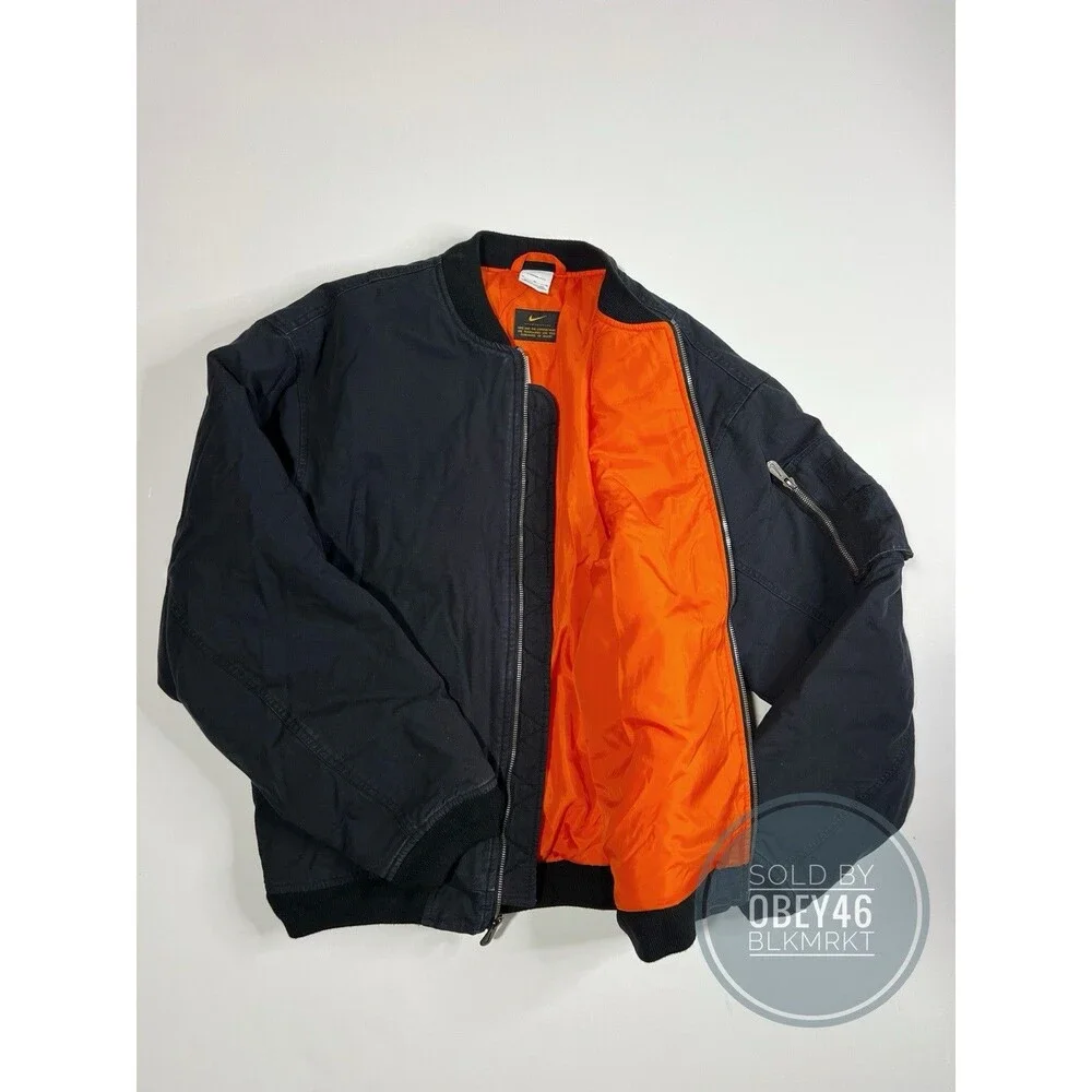 Nike Solo Swoosh Flight Bomber Jacket Black Canvas DX0680-010 Size M Oversized - Picture 7 of 8
